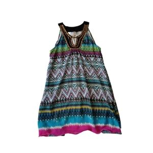 Shoreline Pink & Blue Ikat Print Embellished Neck Sleeveless Dress Women's L/XL